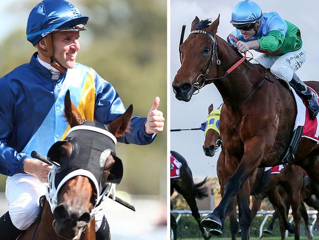 The Chris Waller-trained Roots (left, with jockey Tommy Berry) and Victorian raider Tuvalu (right) are fighting out Group 1 Railway Stakes favouritism with local star Alsephina. Pictures: File