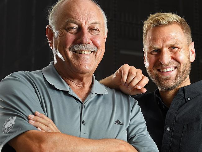 18/12/17 - Malcolm Blight and Kane Cornes at the Malcolm Blight statue. Blighty's moving back to Adelaide to co-host the 6-7pm Sportsday radio show on FIVEaa with Kane.Picture: Tom Huntley