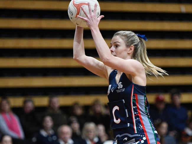 South Adelaide star Charlotte Veart in action against Matrics. Picture: On the Ball Media/Netball SA