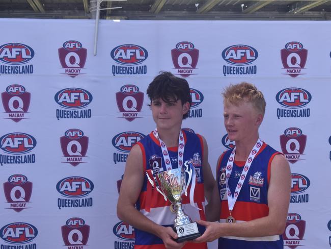 Lachlan Nelson (left) and Joel Ramsdale in the Moranbah Bulldogs v Whitsunday Sea Eagles u17s AFL grand final at Magpies Sporting Club, Mackay, September 11, 2021. Picture: Matthew Forrest