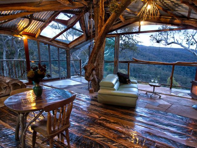 Best Blue Mountains Cabins: Wollemi Wilderness Treehouse perched above Bowen’s Creek in the Blue Mountains. Picture: Supplied