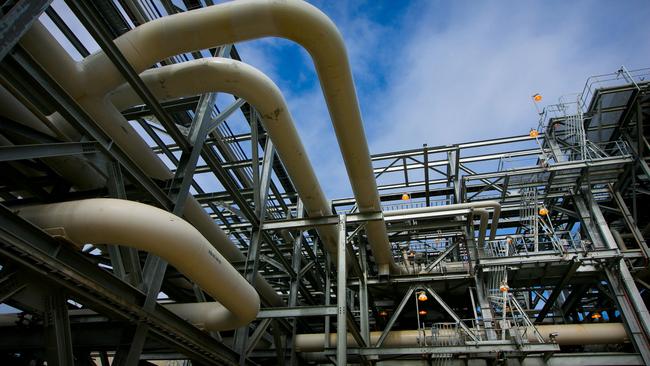 Gas pipes run through a plant at the Queensland Curtis Liquefied Natural Gas (QCLNG) project site. Picture: Bloomberg