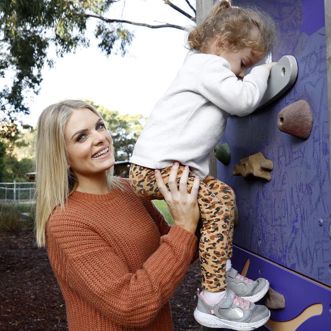 Radio and TV personality Erin Molan with three-year-old daughter Eliza. Picture: Toby Zerna