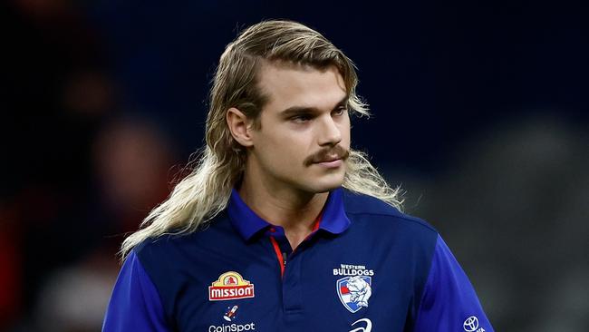 MELBOURNE, AUSTRALIA - APRIL 12: Bailey Smith of the Bulldogs gicves the thumbs up during the 2024 AFL Round 05 match between the Western Bulldogs and the Essendon Bombers at Marvel Stadium on April 12, 2024 in Melbourne, Australia. (Photo by Michael Willson/AFL Photos via Getty Images)