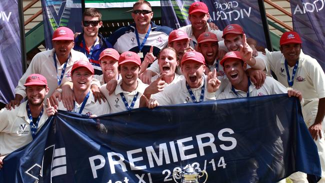 Footscray-Edgewater celebrates its 2013-14 Premier Cricket flag. Picture: Arj Giese