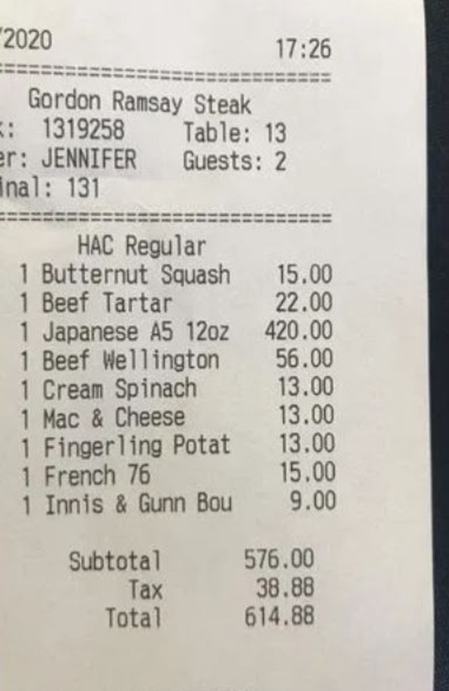 A portion of the Atlantic City restaurant, with prices in US dollars. Picture: