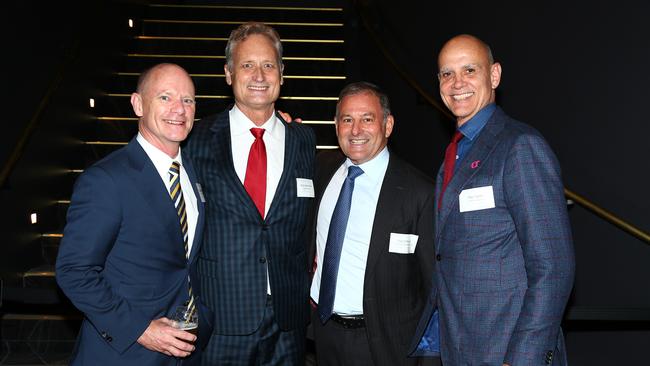 Former Queensland premier Campbell Newman, Scott Hutchinson, Don O'Rorke and Gadens chairman Paul Spiro at the Hutchinson Builders/Consolidated Properties Group 2019 EOFY party at the Fortitiude Music Hall.