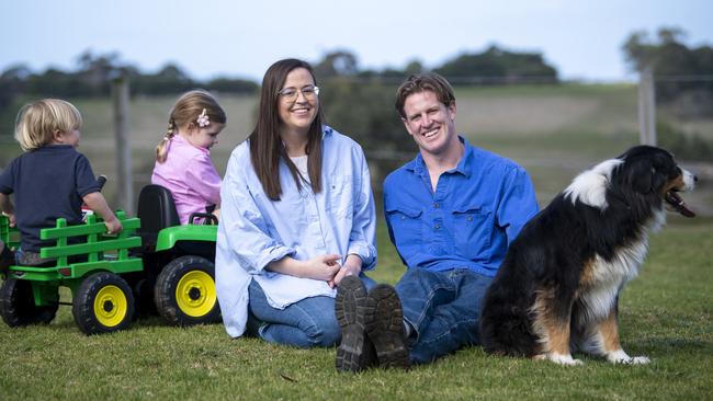 Tom Jonas and his wife Millie and their children Matilda,3, and George ,2, and their Australian Shepherd " Howard" at Millie's parents property at Middleton Friday,August,9,2024.Picture Mark Brake