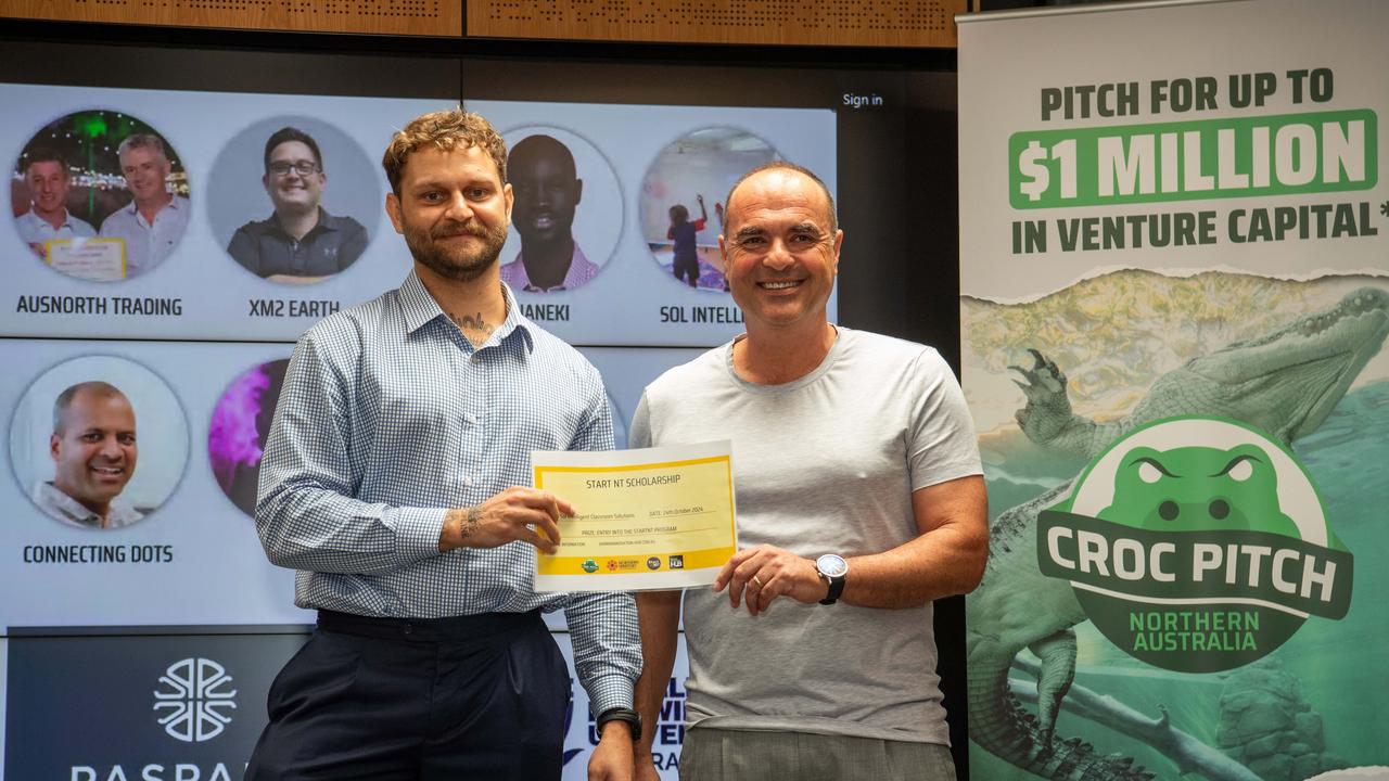 Geraden Kennedy from Sol Intelligent Classroom Solutions, winner of Start NT Scholarship, with Harley Paroulakis CEO Paspalis at the Croc Pitch 2024 Darwin. Picture: Pema Tamang Pakhrin