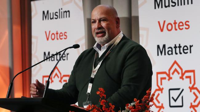 Muslim Votes Matter national representative Ghaith Krayem speaks at the group’s national launch in Melbourne on September 1. Picture: David Crosling