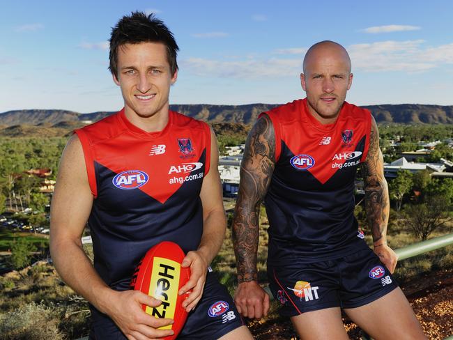 Melbounre co-captains Jack Grimes and Nathan Jones in Alice Springs. Picture: Phil Williams