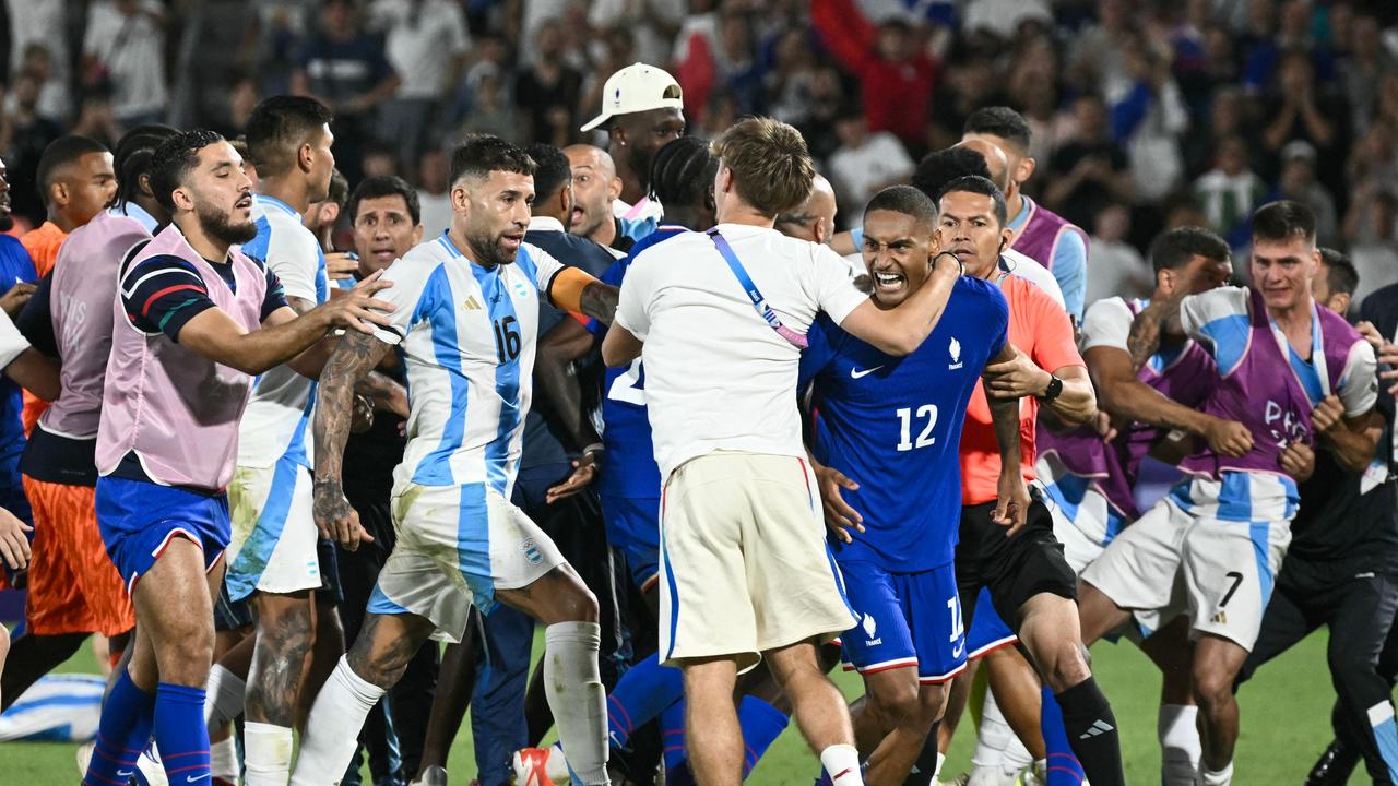 Coaching staff were also involved in the melee. Picture: AFP