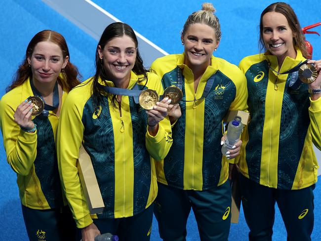 Women’s 4x100m Freestyle Relay gold medallists Mollie O'Callaghan, Meg Harris, Shayna Jack and Emma McKeon. Picture: Quinn Rooney/Getty Images