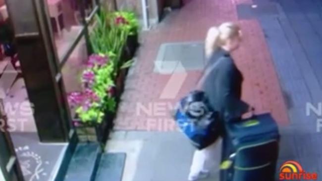 Cassie Sainsbury leaves her hotel after checking out. Picture: Sunrise/Channel Seven