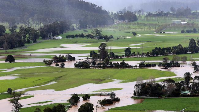 Inundated farm land at Gunns Plains, in Tasmania’s North-West, earlier this week. Picture: CHRIS KIDD