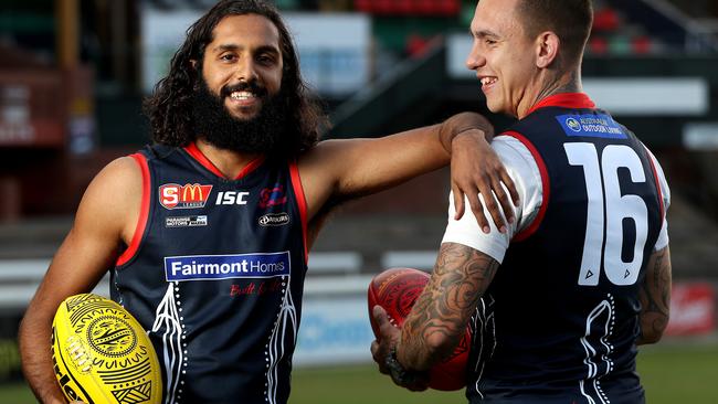 Norwood's Anthony Wilson with Shane Cook, who designed the club’s SANFL Indigenous Round guernsey. Picture: Calum Robertson.