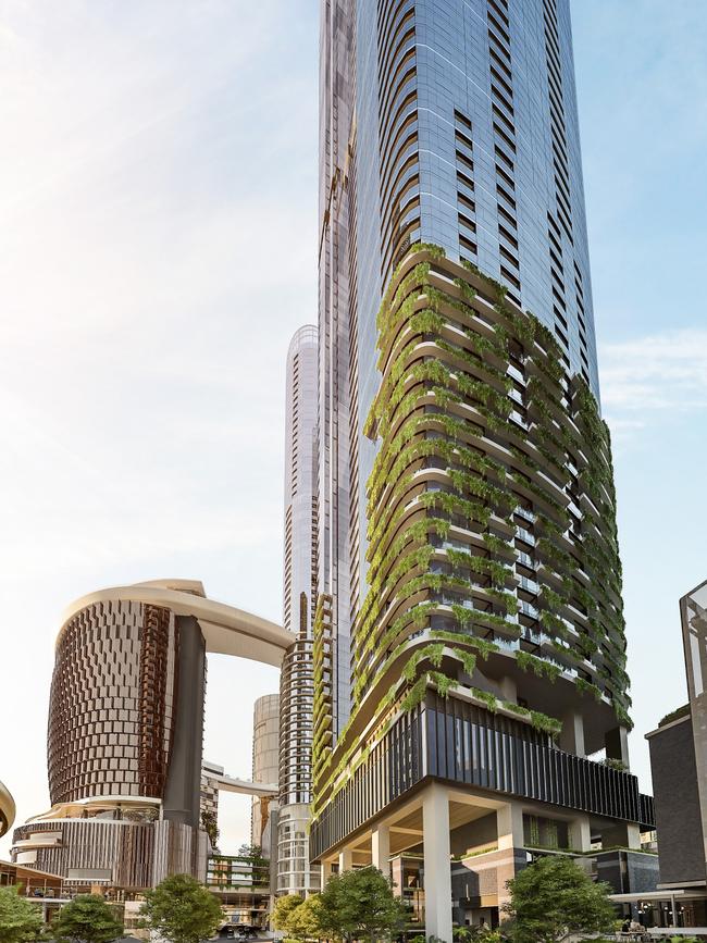 An artist’s impression of Queen’s Wharf Tower looking down William Street, in Brisbane.