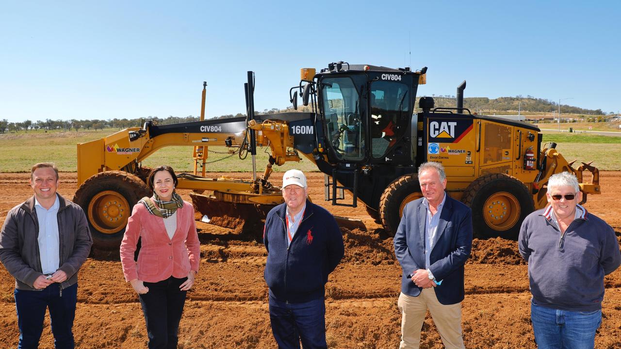 Queensland Premier Annastacia Palaszczuk (second from lef) at the site of a quarantine hub that will be built at Wellcamp Airport in Toowoomba with (from left) Deputy Premier Steven Miles and John, Joe and Neill Wagner. Picture: Qld Government (Jack Tran)