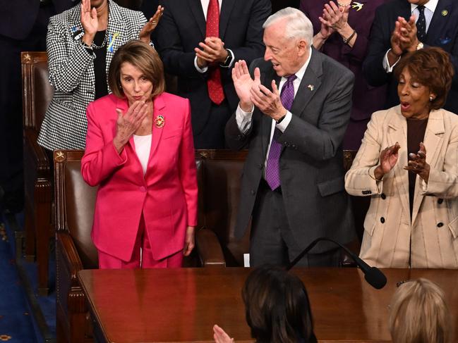 Former US Speaker of the House Nancy Pelosi blows a kiss as US President Joe Biden acknowledges her during the State of the Union address. Picture: AFP