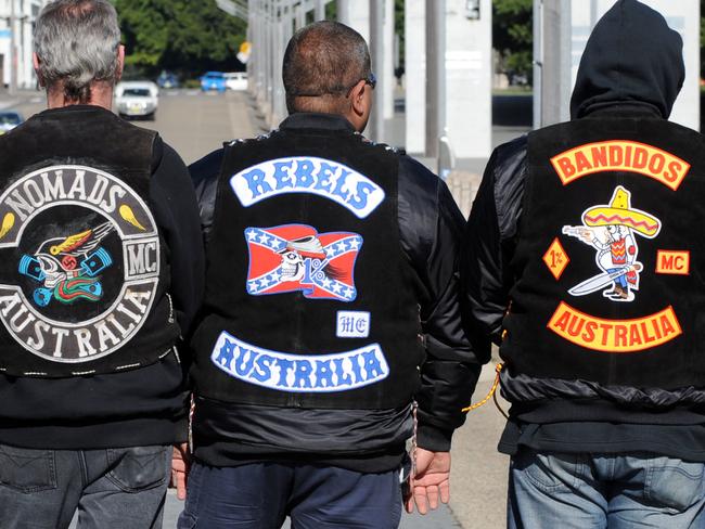 Members of Hells Angels MC, Nomads MC, Rebels MC, Bandidos MC and Comanchero MC make up some of the 14 N.S.W outlaw motorcycle gangs that gathered at Moore Park as part of the United Motorcycle Council for a Legalise Freedom ride, Sydney, Saturday, June 13, 2009. The clubs represented were Hells Angels, Bandidos, Rebels, Comanchero, Nomads, Finks, Black Uhlans, Vietnam Veterans, Phoenix, Grave Diggers, Outcasts, Life and Death, Gods Squad and Bikers for Christ. (AAP Image/Dean Lewins) NO ARCHIVING