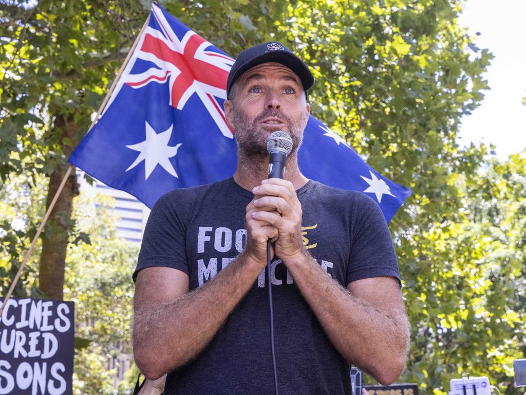 Pete Evans speaks in Hyde Park at an anti-vaxxer rally. Picture: NCA NewsWire/Jenny Evans