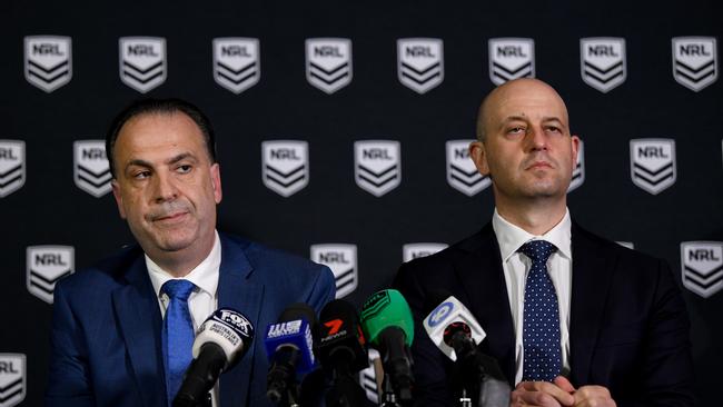 Australian Rugby League Commission Chairman Peter V'landys and NRL Chief Executive Todd Greenberg are seen during a press conference at Penrith Panthers Leagues Club in Penrith, NSW, Thursday, October 31, 2019. (AAP Image/Bianca De Marchi) NO ARCHIVING