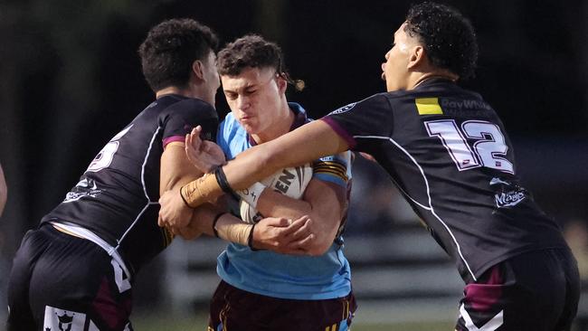 Langer Trophy  Round 4 Keebra Park V Marsden at Owen Park Southport. Keebras Mason Barber hammered by the Marsden defence of Javon Andrews and Taylan To'A.  Picture Glenn Hampson