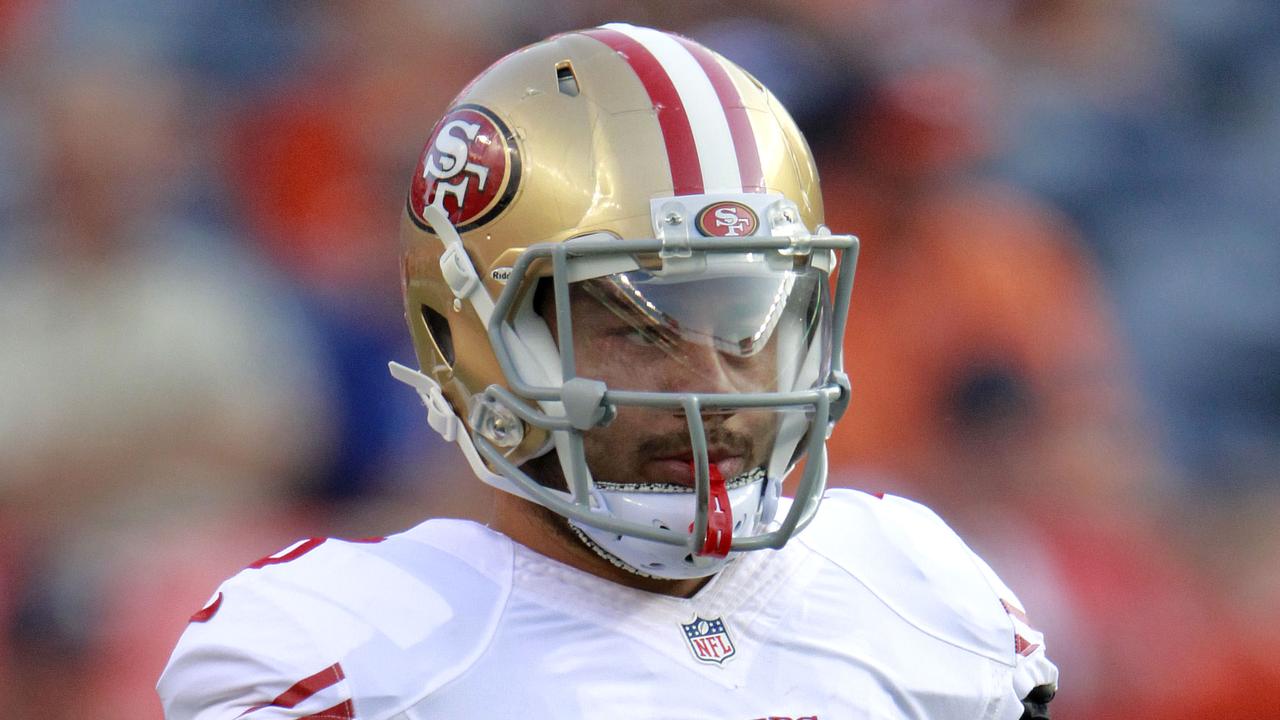 San Francisco 49ers Jarryd Hayne warms up for the team's NFL preseason football game against the Denver Broncos, Saturday, Aug. 29, 2015, in Denver. (AP Photo/Jack Dempsey)