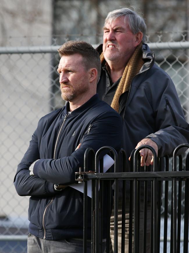 VFL. Collingwood vs Essendon at North Port Oval. Collingwood coach Nathan Buckley and his dad Ray watch the last qtr. Pic: Michael Klein