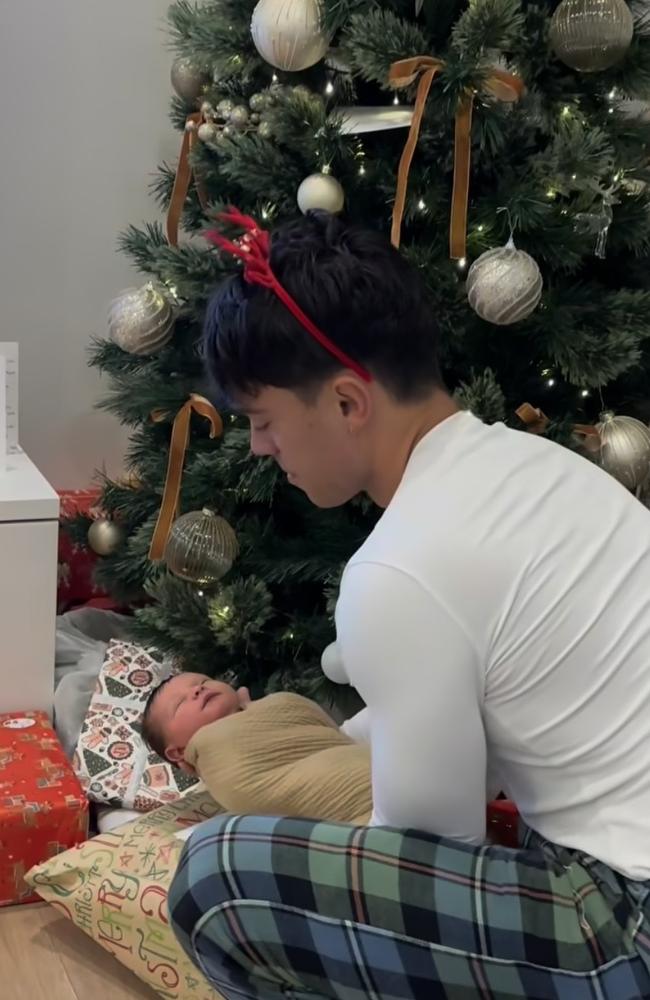 Aussie Celeb Xmas 2024. Purple Wiggle John Pearce with his newborn baby. Picture: Instagram