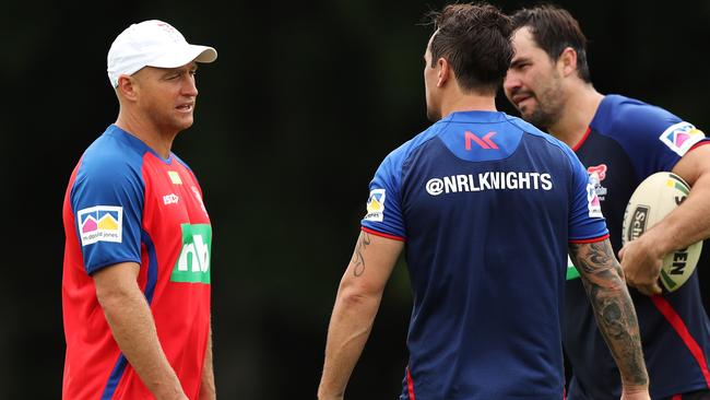 Brown with new recruits Mitchell Pearce and Aidan Guerra. Photo: Brett Costello