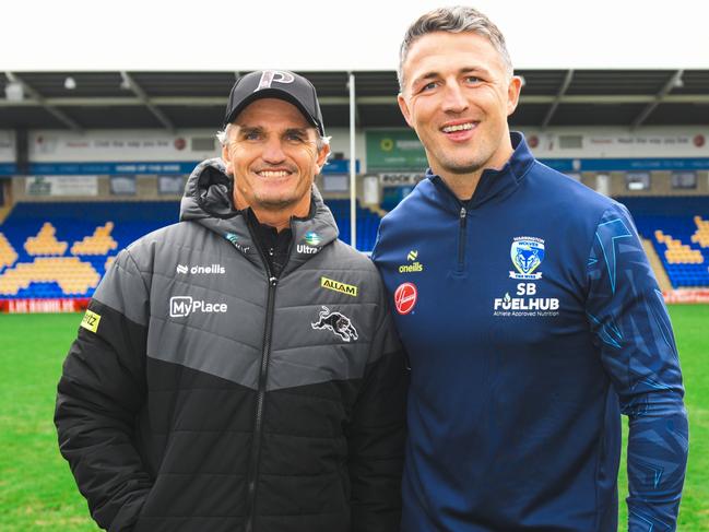 NRL, Penrith Panthers training at Warrington. Ivan Cleary and Sam Burgess. Photo: Joseph Richardson  / Supplied