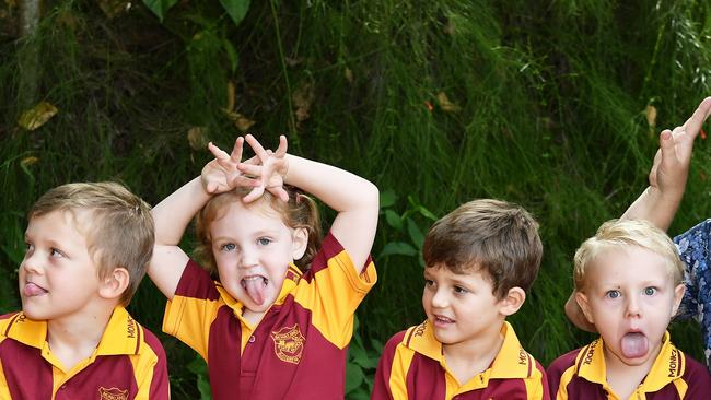 MY FIRST YEAR: Funny Faces. Monkland State School Preps, Gympie. (LtoR) Teacher aide Shirl Bembrick, Buddy Colbourn, Oliver Hussie, Jonty Bailey, Tayla Bailey, Archie Negus, Braxton Russell and Teacher Su Foster. Picture: Patrick Woods.