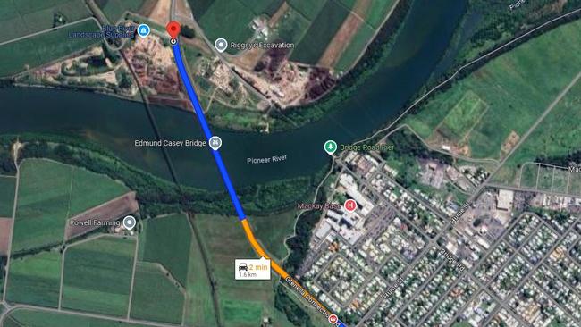 A crash between a truck and a car just south of the bridge near Mackay Base Hospital has closed the Glenella Connection Road in both directions at 11:00am on August 17, 2024. Picture: Google Maps