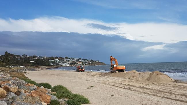 Coast Protection Board contractors moving sand at Seacliff. Picture: Ian Dyson