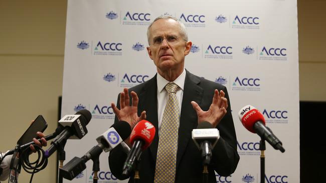 ACCC chair Rod Sims holds a press conference in 2019 to discuss court action being taken against Google for misleading consumers on its collection and use of personal location data. Picture: John Feder.