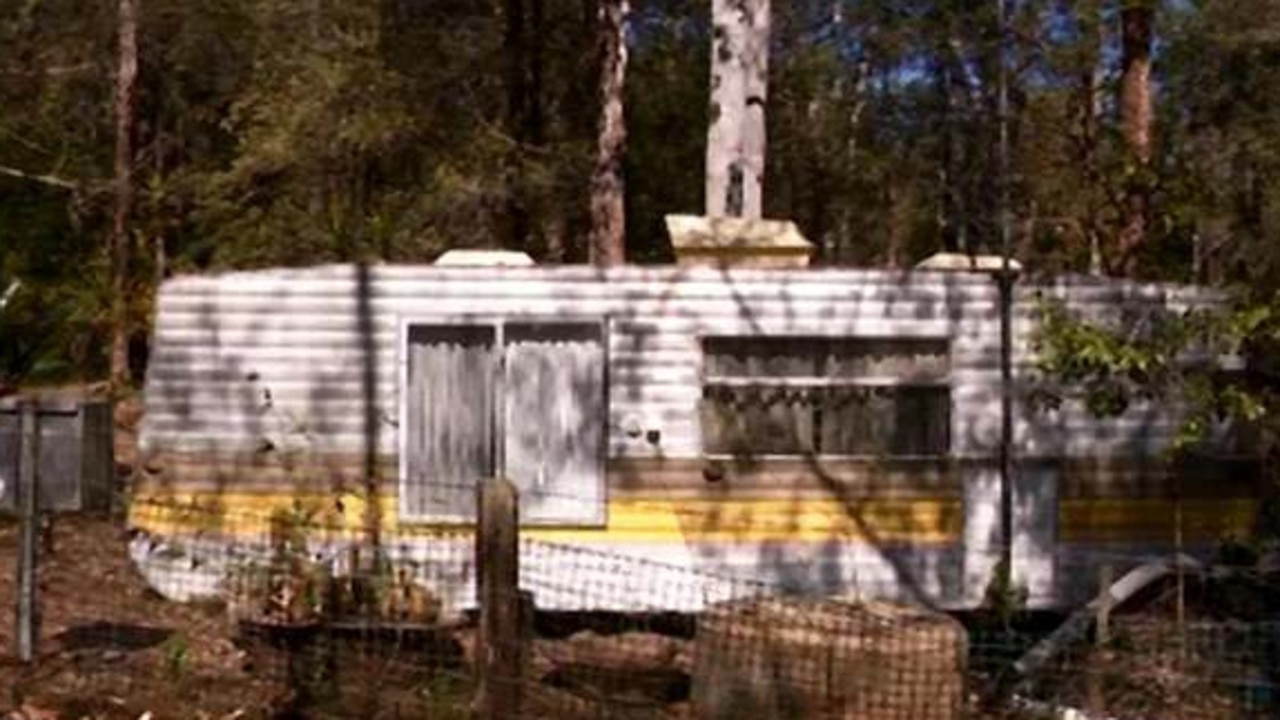 The caravan Abbott lived in near a sawmill at Logan’s Crossing, 8km from Kendall. Picture: Channel 10