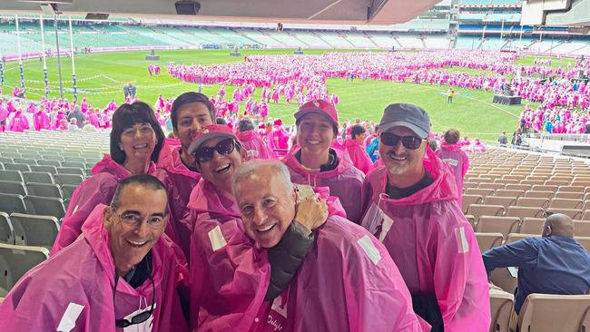 Toni Korsanos with husband Angelo, children Angellos and Athena, and friends Jamie, Caroline and Steve at the MCG for the BCNA Pink Lady event.