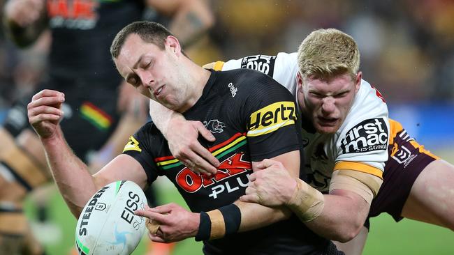 Isaah Yeo was ruled out of the game after a nasty high shot just before he looked set to score a try. Picture: Getty Images.