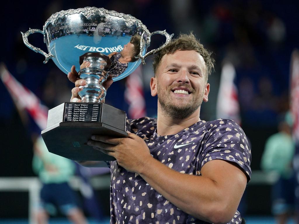 Dylan Alcott after winning the men's Quad Wheelchair singles at the 2020 Australian Open. Picture: AAP Image/Michael Dodge