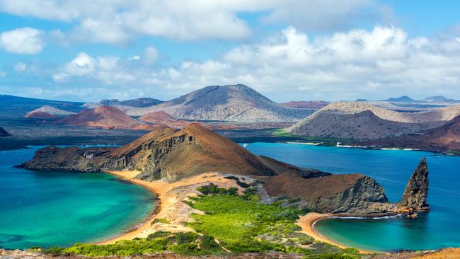 View of two beaches on Bartolome Island in the Galapagos Islands in Ecuador.