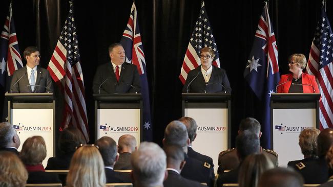 US Defence Secretary Mark Esper, left, US Secretary of State Mike Pompeo, second left, Australian Foreign Minister Marise Payne and Australian Defense Minister Linda Reynolds, right, brief the media at a press conference following annual bilateral talks in Sydney.