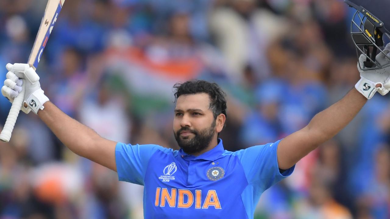Rohit Sharma celebrates his fifth century of the World Cup.