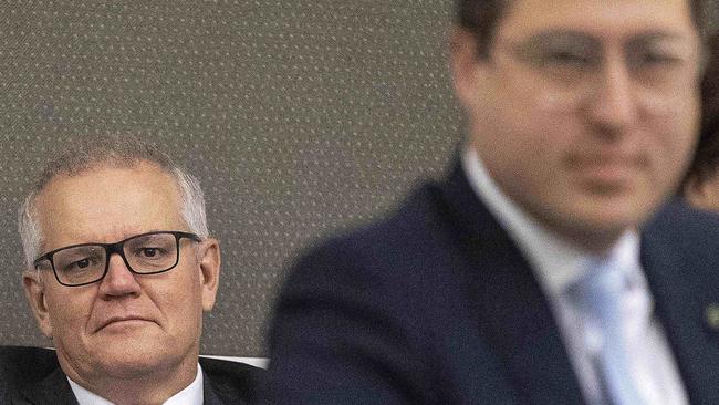 Scott Morrison during today’s party room meeting. Liberal strategists believe climate change was a factor in his election defeat. Picture: Gary Ramage/NCA NewsWire