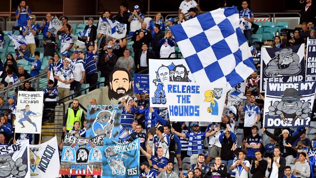 Bulldogs fans during the Round 7 NRL match between the Canterbury-Bankstown Bulldogs and the Sydney Roosters at ANZ Stadium in Sydney, Thursday, April 19, 2018. (AAP Image/Mick Tsikas) NO ARCHIVING, EDITORIAL USE ONLY