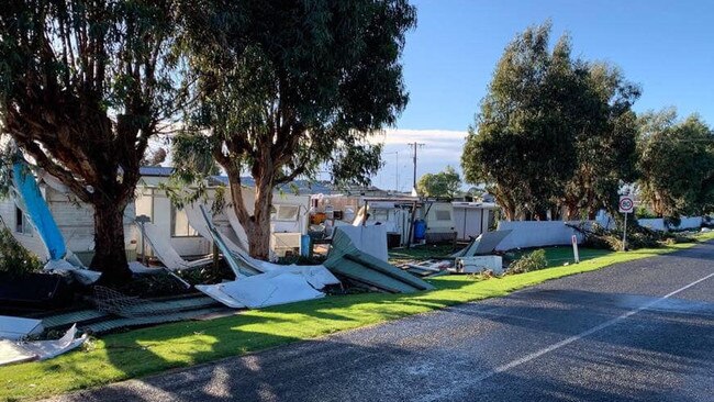 Lake Purrumbete Holiday Park lies in tatters after the storm. Picture: Facebook/Adam Hofman