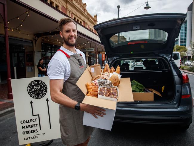 7/4/2020 Sam Bentley from artisan sourdough bakery and patisserie, Dough in the Central Market. Adelaide Central Market have launched a "drive by" initiative, whereby shoppers can pre-order then pick up their produce without having to leave their car. Picture MATT TURNER.