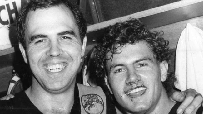 Footballer Tony McGuinness (r) with Peter Carey after SANFL match against Port Adelaide Magpies 1983.