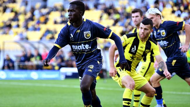 Garang Kuol of the Central Coast Mariners runs with the ball during the A-League Men’s match between Wellington Phoenix and Central Coast Mariners at Sky Stadium in April. Photo by Joe Allison/Getty Images