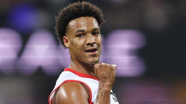 SYDNEY, AUSTRALIA - MAY 17: Joel Amartey of the Swans celebrates kicking a goal during the round 10 AFL match between Sydney Swans and Carlton Blues at SCG, on May 17, 2024, in Sydney, Australia. (Photo by Mark Metcalfe/AFL Photos/via Getty Images)